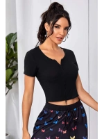 Kadın Siyah Çift Fermuarlı Yarım Kol Crop Top Bluz