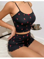 Kadın Siyah Çilek Desenli Seksi Gecelik Takım 5020