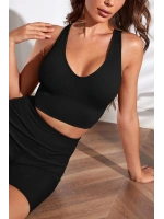 Kadın Siyah Derin Göğüs Dekolteli Şık Crop Top Bluz