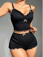 Kadın Siyah Fitilli Askılı Şortlu Pijama Takım 5042