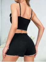 Kadın Siyah Fitilli Askılı Şortlu Pijama Takım 5042