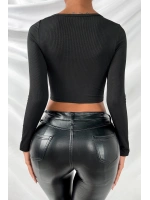 Kadın Siyah Göğüs Dekolteli Çapraz Askılı Uzun Kollu Crop Top Bluz
