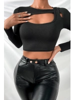 Kadın Siyah Göğüs Dekolteli Çapraz Askılı Uzun Kollu Crop Top Bluz