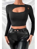 Kadın Siyah Göğüs Dekolteli Çapraz Askılı Uzun Kollu Crop Top Bluz