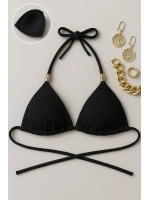 Kadın Siyah Pedli Üçgen Bikini Üstü Halter Bağlamalı Aksesuarlı