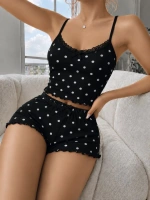 Kadın Siyah Puantiyeli Dantelli Yumuşak Askılı Şortlu Pijama Takımı 5268