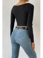 Kadın Siyah Uzun Kol Göğüs Dekolteli Şık Crop Top Bluz