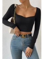 Kadın Siyah Uzun Kol Göğüs Dekolteli Şık Crop Top Bluz
