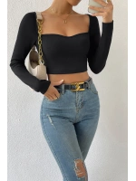 Kadın Siyah Uzun Kol Göğüs Dekolteli Şık Crop Top Bluz