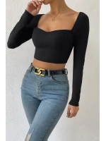 Kadın Siyah Uzun Kol Göğüs Dekolteli Şık Crop Top Bluz