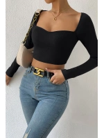 Kadın Siyah Uzun Kol Göğüs Dekolteli Şık Crop Top Bluz