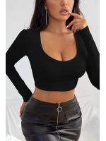 Kadın Siyah Uzun Kol Kare Yaka Crop Top Bluz