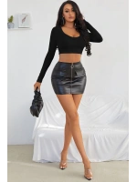 Kadın Siyah Uzun Kol Kare Yaka Crop Top Bluz