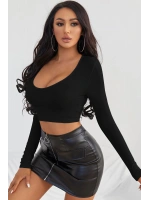 Kadın Siyah Uzun Kol Kare Yaka Crop Top Bluz