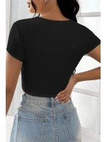 Kadın Siyah Yarım Kol Düz Yaka Crop Top Bluz