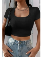 Kadın Siyah Yarım Kol Düz Yaka Crop Top Bluz