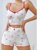 Kadın Vişne Desenli Dantel Askılı Şortlu Pijama Takımı 5193