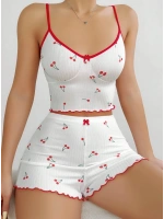 Kadın Vişne Desenli Dantel Askılı Şortlu Pijama Takımı 5193