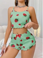 Kadın Yeşil Çilek desenli Şortlu Pijama Takımı 5060