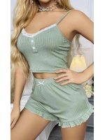 Kadın Yeşil Dantel Detaylı Şortlu Gecelik Pijama Takımı 5014