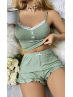Kadın Yeşil Dantel Detaylı Şortlu Gecelik Pijama Takımı 5014