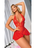 İşlemeli Dantelli Fantazi Body - Kırmızı - KLBN25807