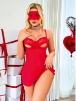 Göğüs Dekolteli Göz Bantlı Fantazi String Tül Gecelik Seti - Kırmızı - KLBN26943
