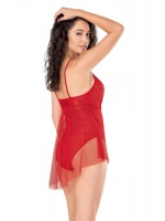 Jakarlı Bodysuit Gecelik - Kırmızı - KLBN14130