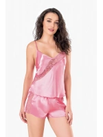 Koyu Saten Babydoll Şortlu Set - Pembe - KLBN14127
