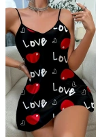 Love Desenli Siyah Saten Gecelik Modeli - Kadın - KLBN00336