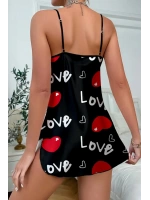 Love Desenli Siyah Saten Gecelik Modeli - Kadın - KLBN00336