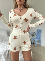 Pamuklu Ayıcık Desenli Düğmeli Tulum Pijama - Ekru - KLBN28650