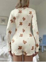 Pamuklu Ayıcık Desenli Düğmeli Tulum Pijama - Ekru - KLBN28650