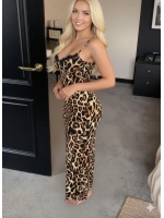 Pamuklu Desenli İnce Askılı Uzun Elbise - Leopar - KLBN28734