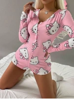 Pamuklu Hello Kitty Desenli Düğmeli Uzun Kol Tulum Pijama - Pembe - KLBN28730