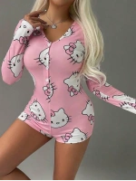 Pamuklu Hello Kitty Desenli Düğmeli Uzun Kol Tulum Pijama - Pembe - KLBN28730