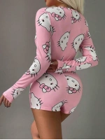 Pamuklu Hello Kitty Desenli Düğmeli Uzun Kol Tulum Pijama - Pembe - KLBN28730