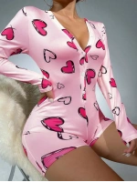 Pamuklu Kalp Desenli Düğmeli Uzun Kol Tulum Pijama - Pembe - KLBN28727