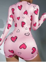 Pamuklu Kalp Desenli Düğmeli Uzun Kol Tulum Pijama - Pembe - KLBN28727