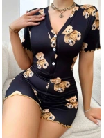 Pamuklu Ayıcık Desenli Düğmeli Tulum Pijama - Siyah - KLBN28726