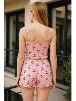 Pembe Kiraz Desenli Kurdelalı Askılı Şortlu Pijama Takımı