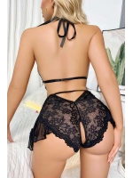 İşlemeli Dantelli Özel Bölgesi Açık Fantazi Bodysuit - Siyah - KLBN25975