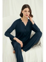 Uzun Kollu Boydan Düğmeli V Yaka Pijama Takımı - KLBN30853