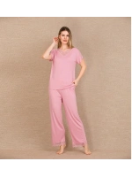 Viskon Şık Tasarım İşlemeli Dantelli Kısa Kol Pijama Takımı - Pembe - KLBN31259