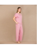 Viskon Şık Tasarım İşlemeli Dantelli Kısa Kol Pijama Takımı - Pembe - KLBN31259
