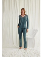 Yakası Omzu ve Paçası Dantelli Boydan Düğmeli Pijama Takımı - KLBN29086