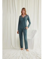 Yakası Omzu ve Paçası Dantelli Boydan Düğmeli Pijama Takımı - KLBN29086