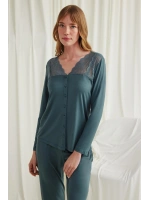 Yakası Omzu ve Paçası Dantelli Boydan Düğmeli Pijama Takımı - KLBN29086