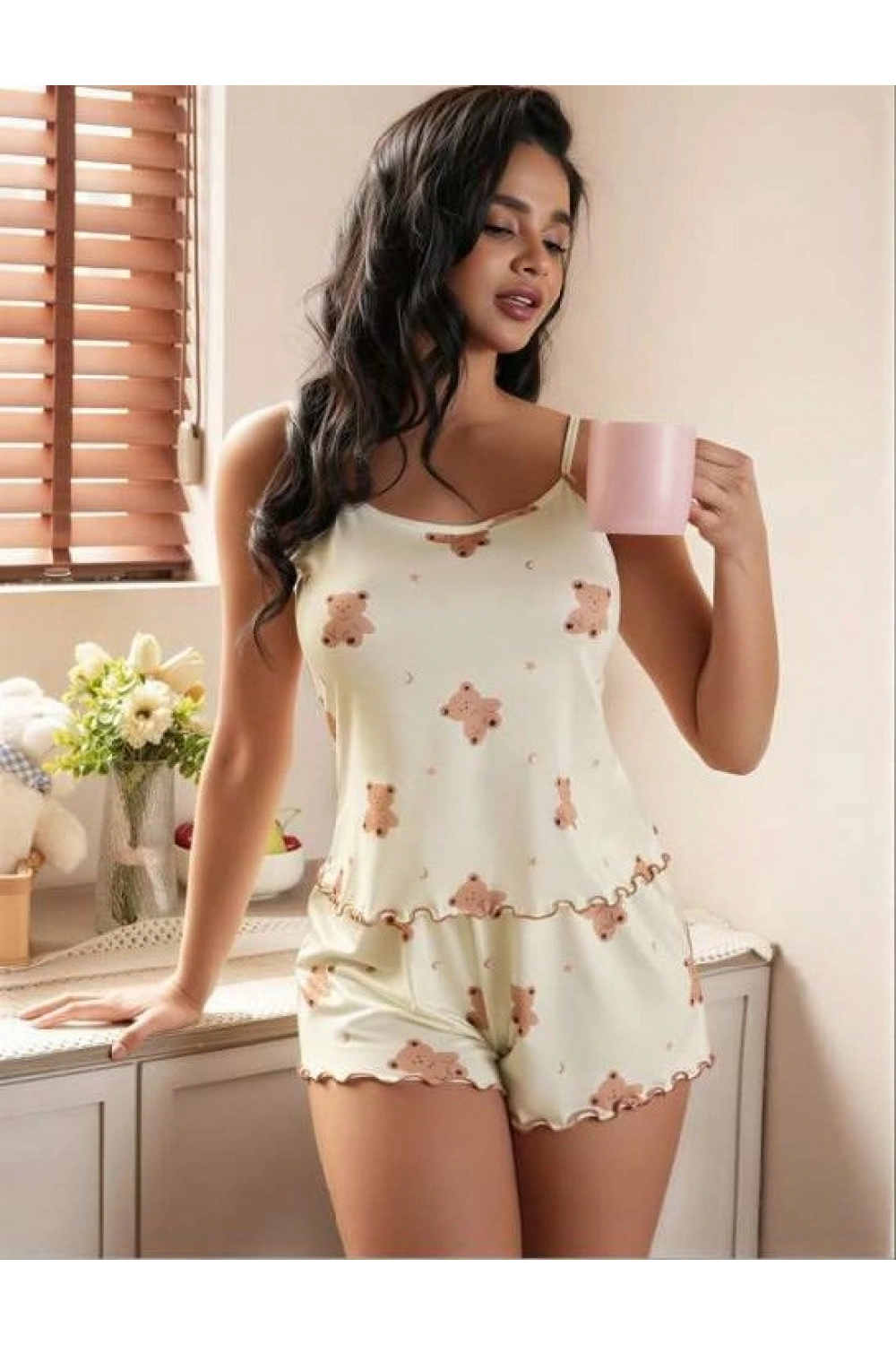 Ayıcık Desenli Askılı Şortlu Pijama Takımı