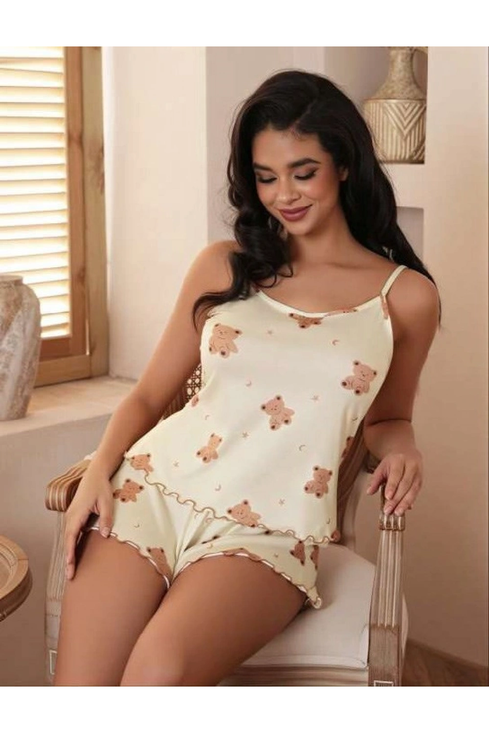 Ayıcık Desenli Askılı Şortlu Pijama Takımı